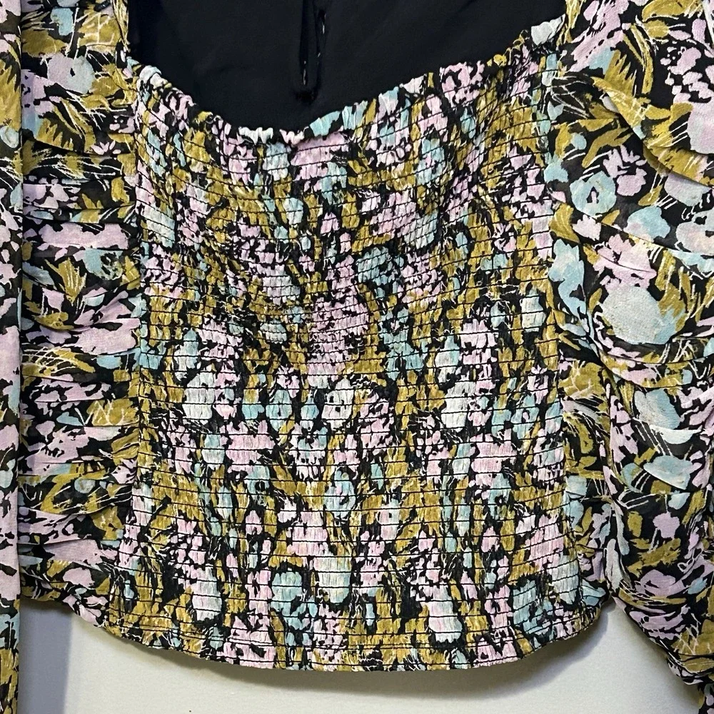 Free People Women's Garden Combo Mabel Printed Smocked Ruffle Blouse Top Size‎ S